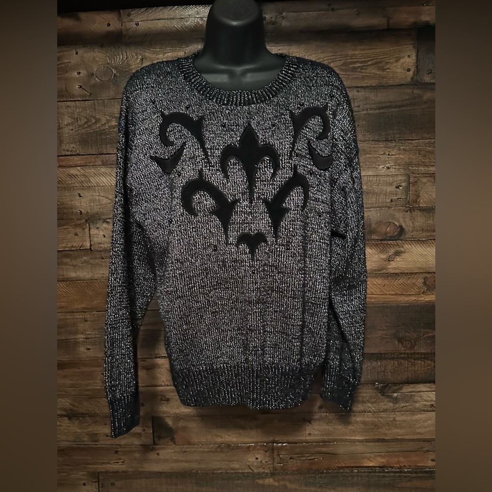 RUSS Women's Black Shimmer Knit Vintage Crew Neck Pullover Sweater